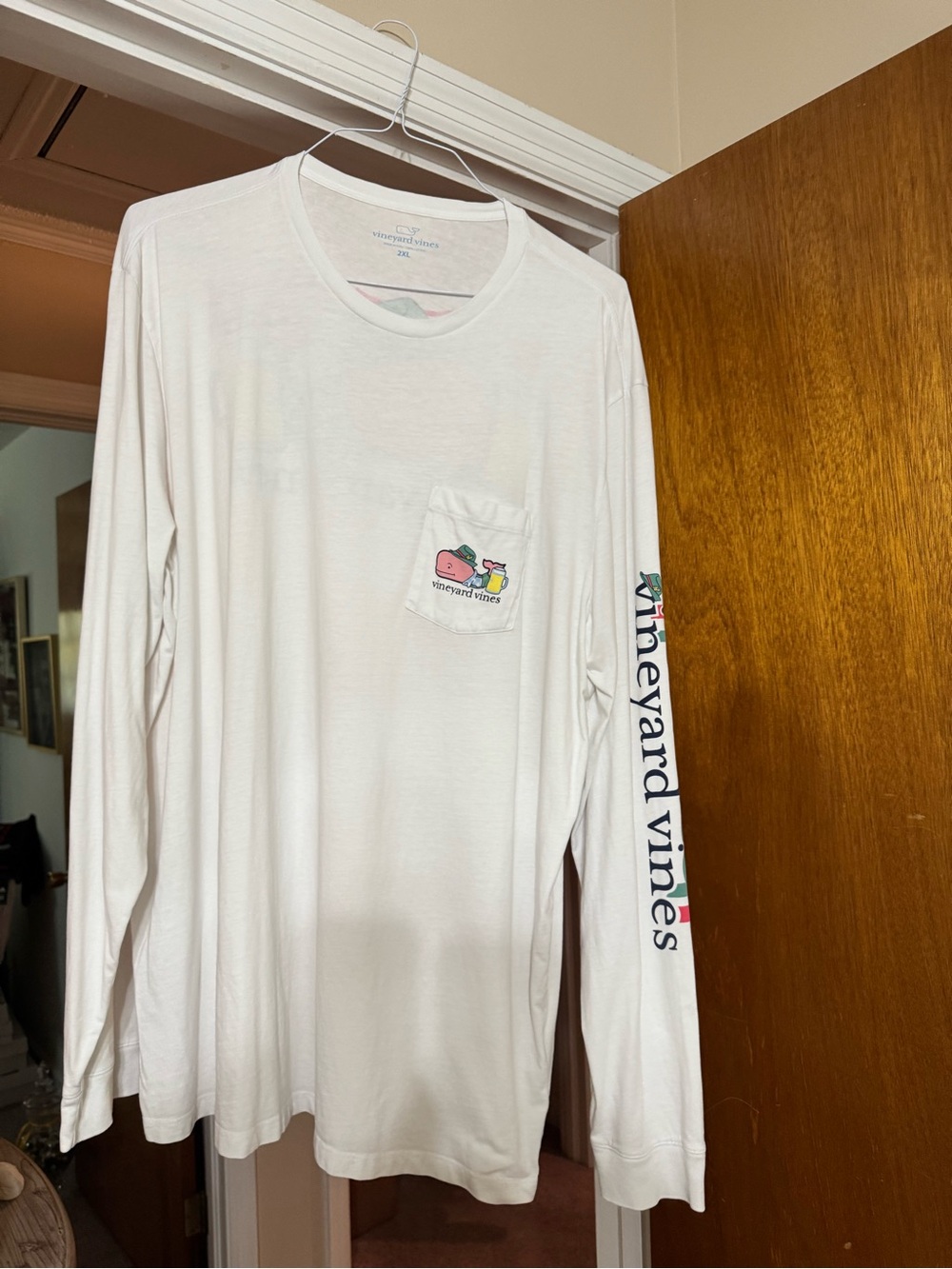 Vineyard Vines White Long-Sleeve Pocket Tee with Colorful Whale Graphic